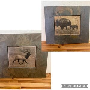 Bundle of 2 Sierra Slate Bison and Elk Handcrafted Stone Wall Art Rustic Decor
